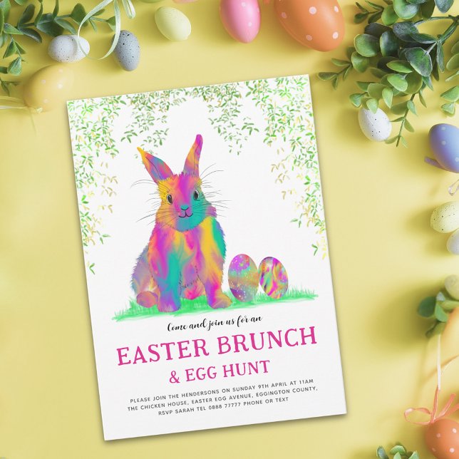 Convite Café da Manhã de Caça aos Ovos de Páscoa Coelhinho (Easter brunch egg hunt cute pink bunny colorful watercolor Easter eggs garden party invitation)