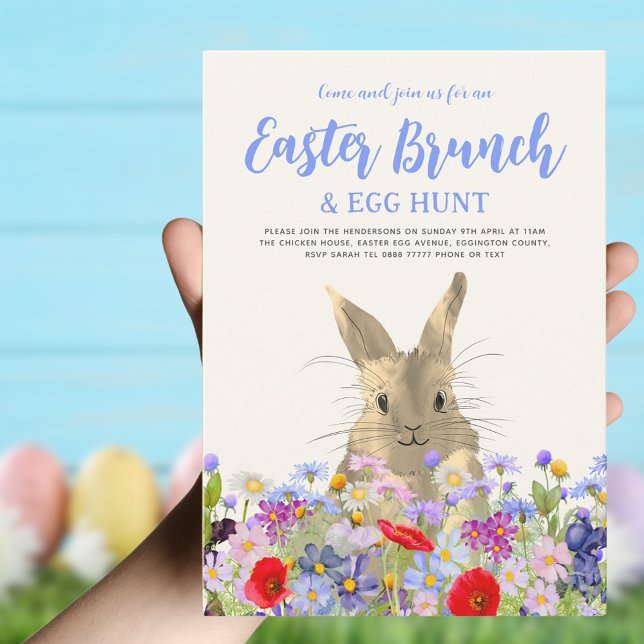 Convite Café da Manhã de Caça aos Ovos de Páscoa Coelhinho (Easter brunch and egg hunt boho wildflowers bunny invitation )
