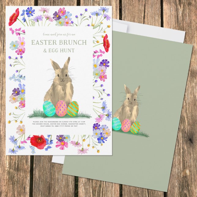 Convite Café da Manhã de Caça aos Ovos de Páscoa Coelho Fl (Easter egg hunt and spring brunch cute bunny colorful wildflower floral watercolor invitation)
