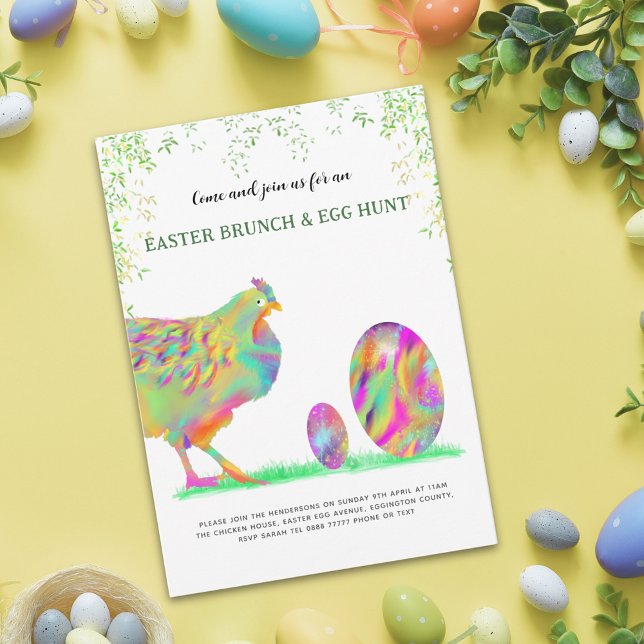 Convite Café da Manhã de Caça aos Ovos de Páscoa Galinha e (Easter egg hunt spring brunch cute colorful watercolor Hen & Eggs garden party invitation)