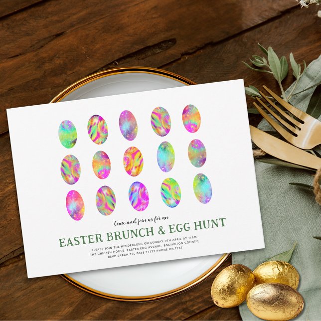 Convite Café da Manhã de Caça aos Ovos de Páscoa Moderno A (Modern Easter egg hunt spring brunch colorful easter egg art elegant garden party invitation)