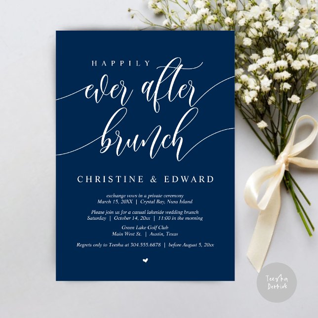 Convite Café da Manhã de Casamento às Pressas Felizes para (Happily Ever After Elopement Brunch Invitation Card, Post-wedding, PDF, in Navy Blue)