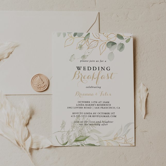 Convite Café da Manhã de Casamento com Caligrafia e Folhag (Criador carregado)