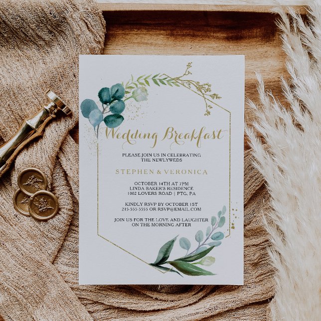 Convite Café da Manhã de Casamento Eucalyptus Dourado e Ve (Criador carregado)