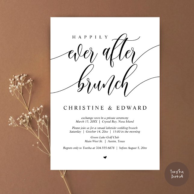 Convite Café da Manhã de Casamento Feliz para Sempre (Happily Ever After Elopement Brunch Invitation Card, Post-wedding, PDF, in Black and White)