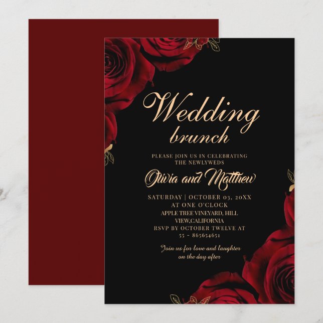 Convite Café da Manhã de Casamento Floral Preto e Borgonha (Frente/Verso)