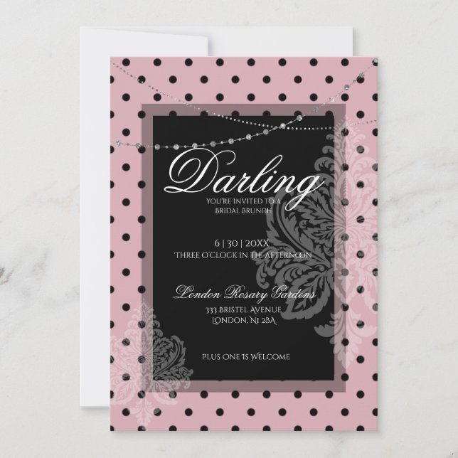 Convite Café da manhã de casamento rosa com bolinhas preta (Frente)