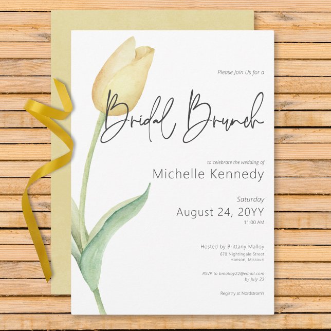 Convite Café da Manhã de Noiva com Tulipa Amarela Moderna  (Modern Yellow Tulip Solo Bridal Brunch Invitation)
