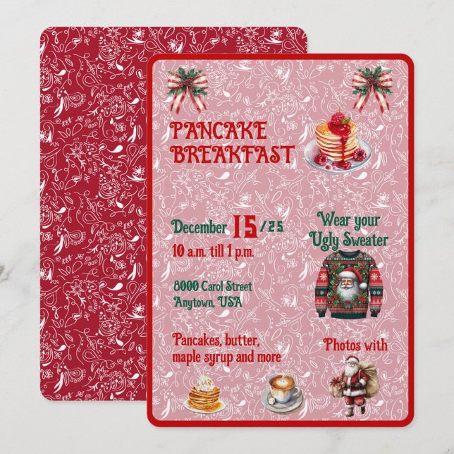 Convite Café da Manhã de Panqueca de Natal Vermelho e Verd (Frente/Verso)