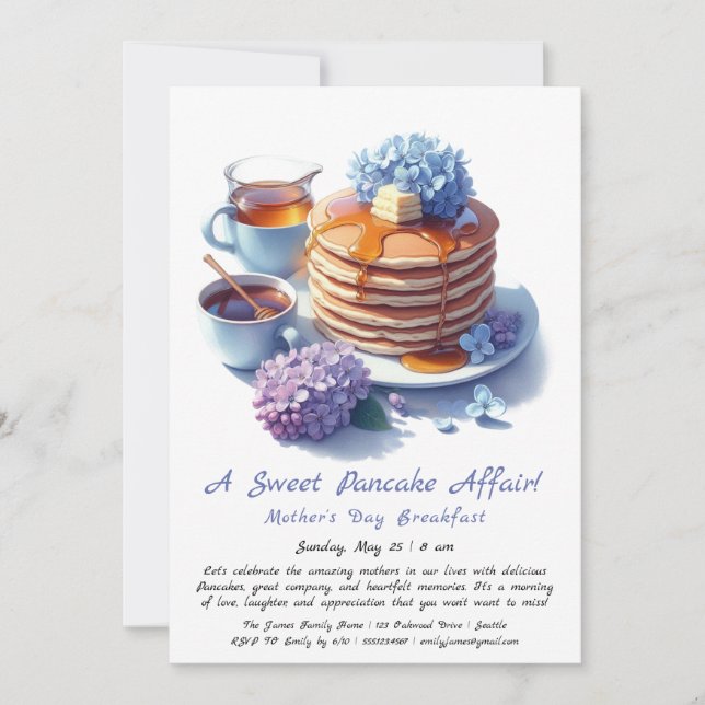Convite Café da manhã do dia das mães - Panquecas e lilás (Frente)