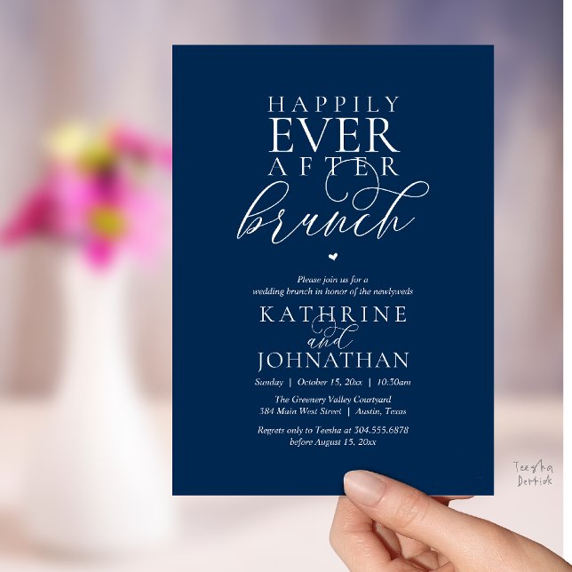 Convite Café da Manhã do Felizes para Sempre Casamento Clá (Happily Ever After Brunch Modern Classy Wedding Elopement Invitation Card in Navy Blue)