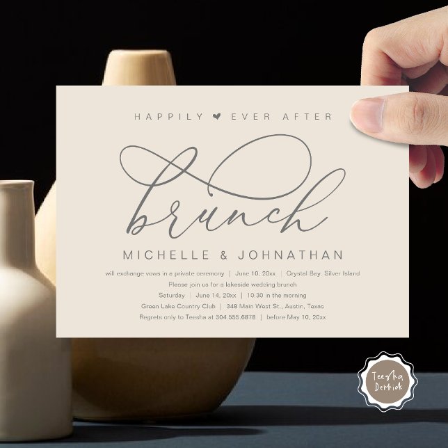 Convite Café da Manhã do Felizes para Sempre, Festa Românt (Happily Ever After Brunch Party, Invitation Card, Modern Romantic Wedding Elopement, Dark Grey Cream)