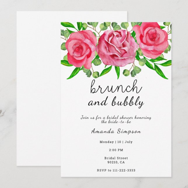 Convite Café da manhã e bridal shower com champanhe (Frente/Verso)