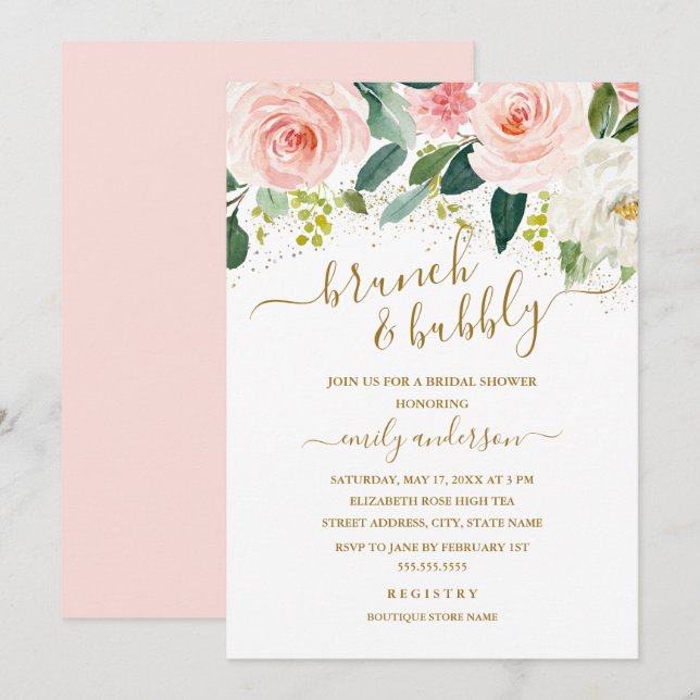 Convite Café da Manhã e Brunch Floral Rosa Dourado e Chama (Frente/Verso)