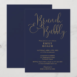 Convite Café da Manhã e Bubbly em Azul Marinho e Dourado p