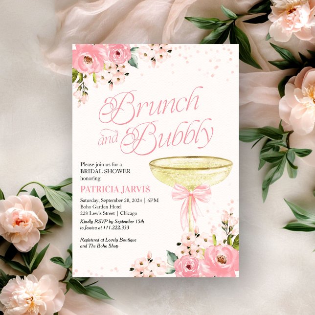Convite Café da Manhã Floral com Laço Rosa e Espumante Chá (Criador carregado)