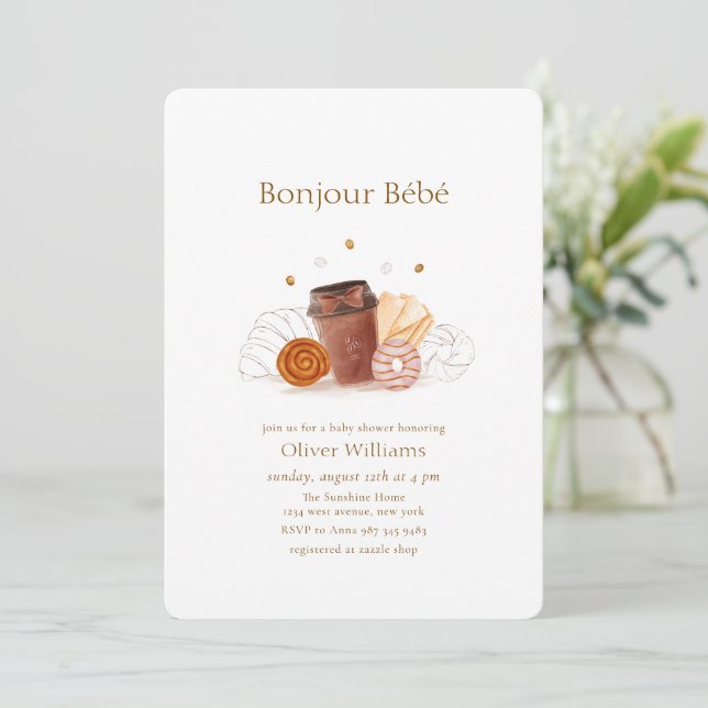 Convite Café da Manhã Neutro Bonjour Bébé Chá de Bebê (Em pé/Frente)