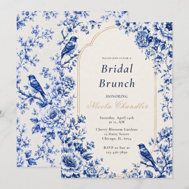 Convite Café da Manhã Nupcial Azul Chinoiserie (Frente/Verso)