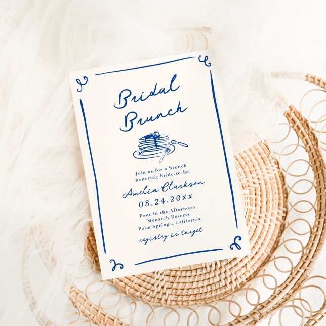 Convite Café da Manhã Nupcial Azul Naval Desenhado à Mão C (Criador carregado)