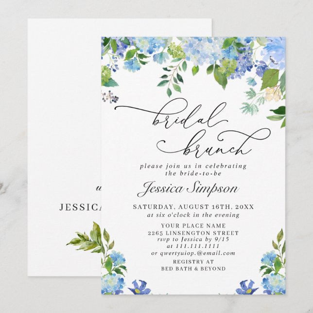 Convite Café da Manhã Nupcial em Aquarela Azul Elegante co (Frente/Verso)