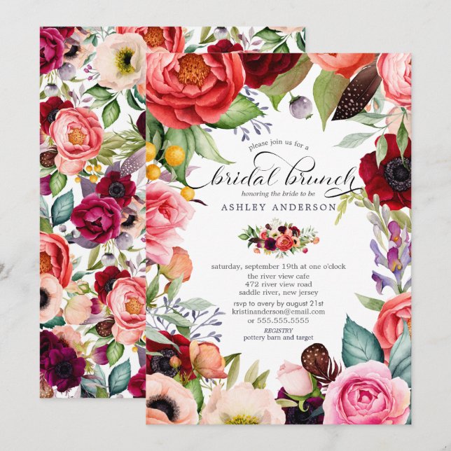 Convite Café da Manhã Nupcial Floral Boho Aquarela (Frente/Verso)