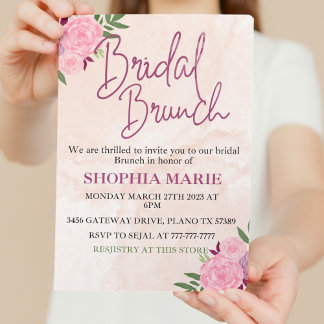 Convite Café da Manhã Nupcial Floral com Aquarela Rosa Mod