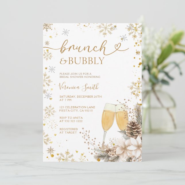 Convite Café da Manhã Snowflake Brunch & Champagne Bridal  (Em pé/Frente)