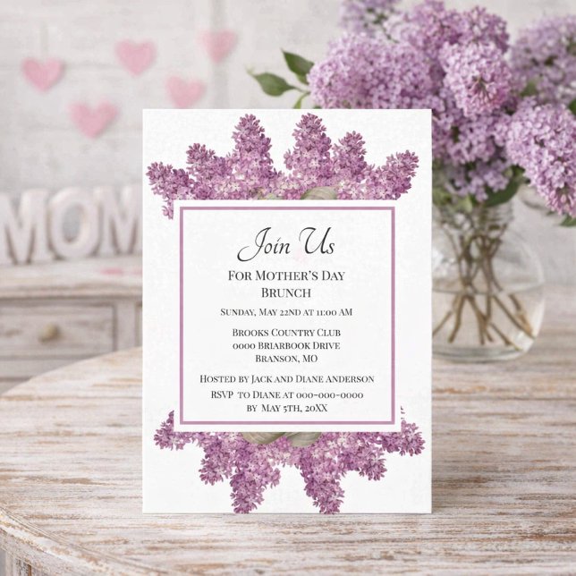 Convite Café da Manhã Temático de Lilás Antigo para o Dia  (Elegant lilac invite sets the tone for a vintage-inspired Mother’s Day brunch celebration.)