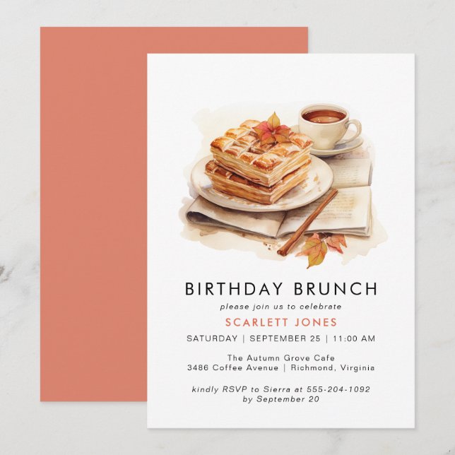 Convite Café de Aquarela | Cute Casual Birthday Brunch (Frente/Verso)