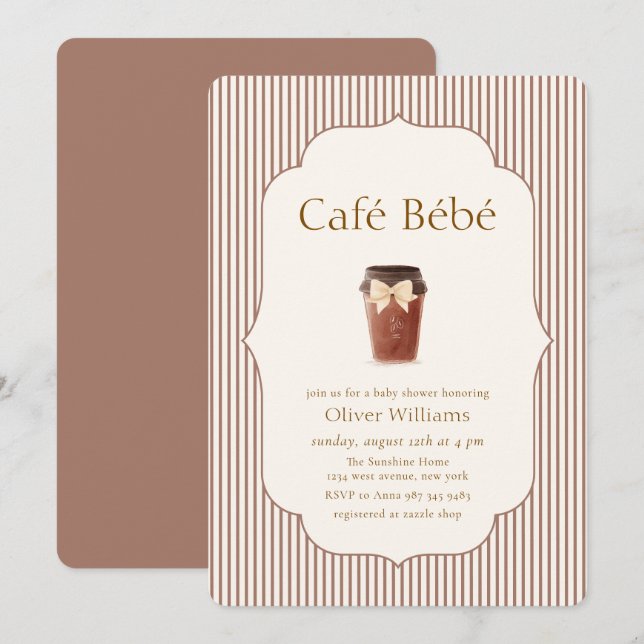 Convite Café Elegante Listra Marrom Bébé Chá de Bebê (Frente/Verso)