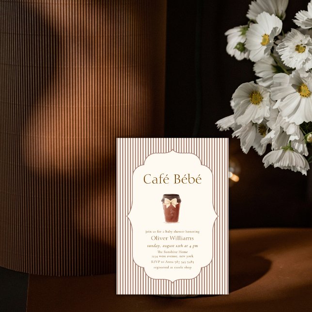 Convite Café Elegante Listra Marrom Bébé Chá de Bebê (Brown Elegant Stripe Café Bébé Coffee Baby shower Invitation)