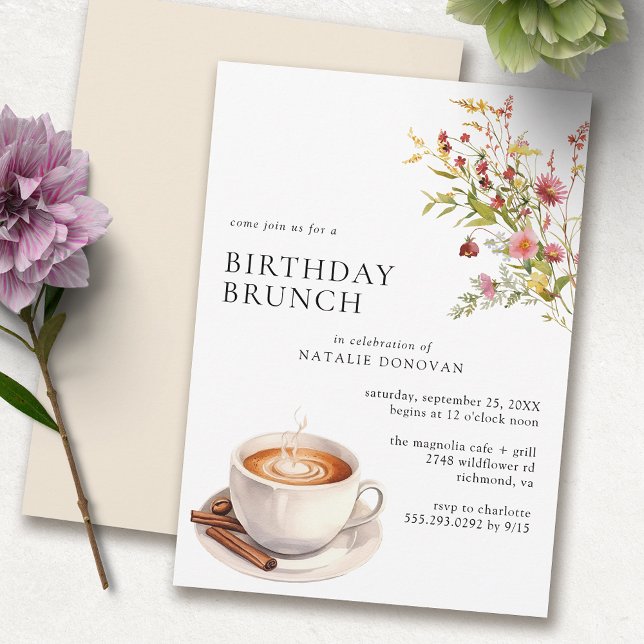 Convite Café Flores Selvagens | Modern Floral Birthday Bru (Criador carregado)