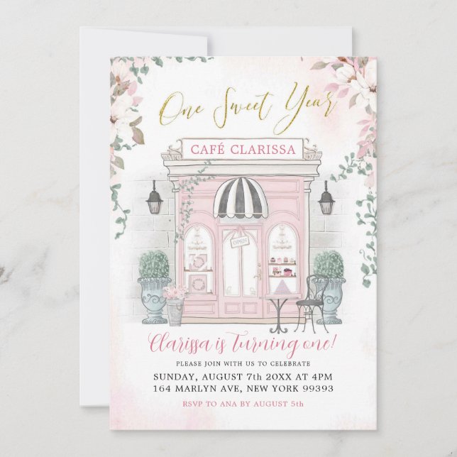 Convite Café francês rosa e Dourado Patisserie Girl Aniver (Frente)