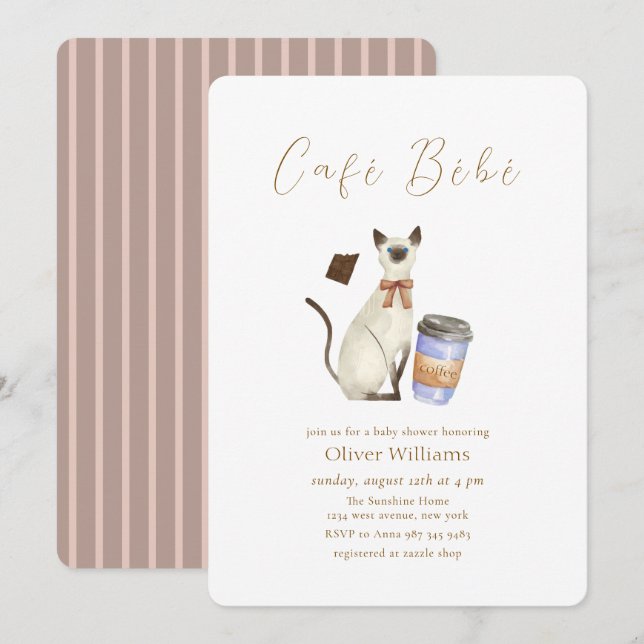 Convite Café Neutro Bébé Gato Café  Chá de Bebê (Frente/Verso)