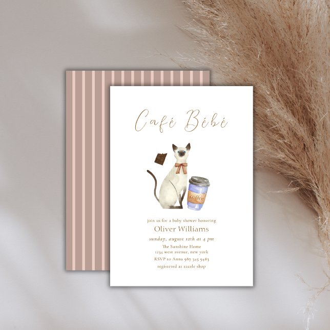 Convite Café Neutro Bébé Gato Café  Chá de Bebê (Neutral Café Bébé Cat Coffee Baby shower Invitation)
