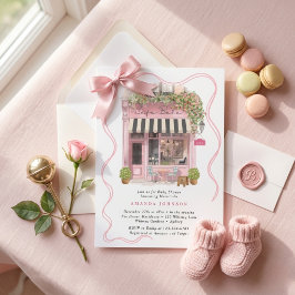 Convite Café Parisiense Bonjour Bebe Laço Rosa Chã de Bebê