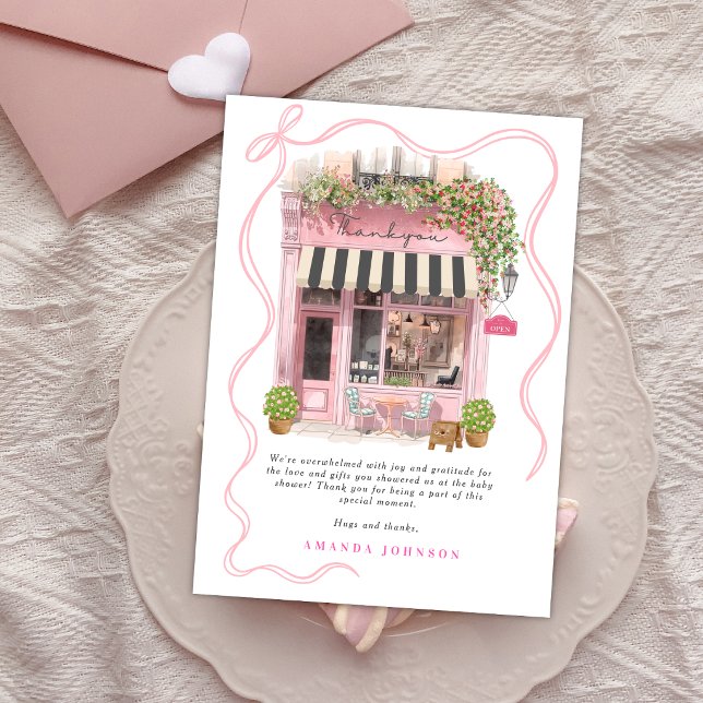Convite Café Parisiense Bonjour Bebe Laço Rosa Obrigado (Criador carregado)