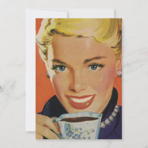 Convite Café Vintage, Mulher Feliz com Xícara de Café Retr