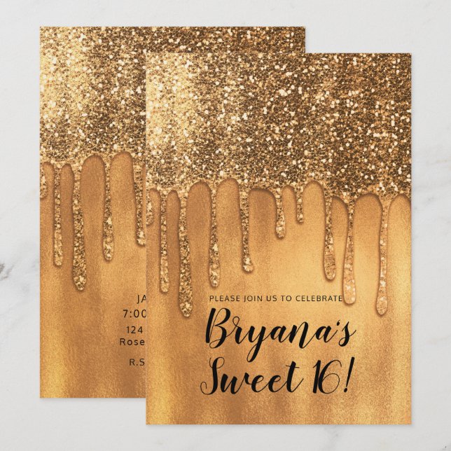 Convite Caindo em Glitter Dourado de Mel Festa Sweet 16 (Frente/Verso)