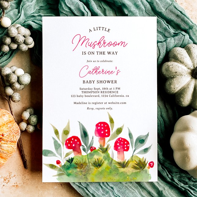 Convite Cair Cura Cura Cura Pequena chá de fraldas de cogu (Cute fall hand painted watercolor little mushroom baby shower invitation)