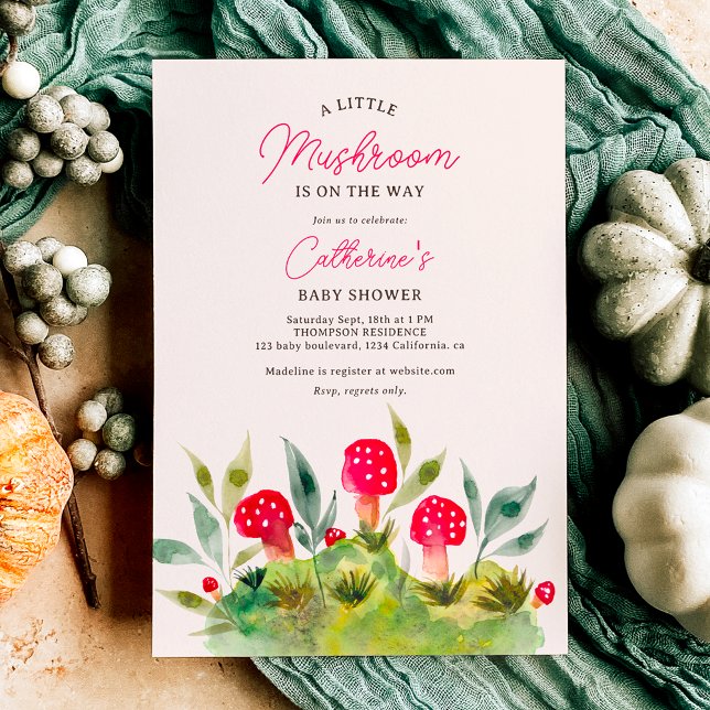 Convite Cair Cura Cura Cura Pequena chá de fraldas de cogu (Cute fall hand painted watercolor little mushroom baby shower invitation)