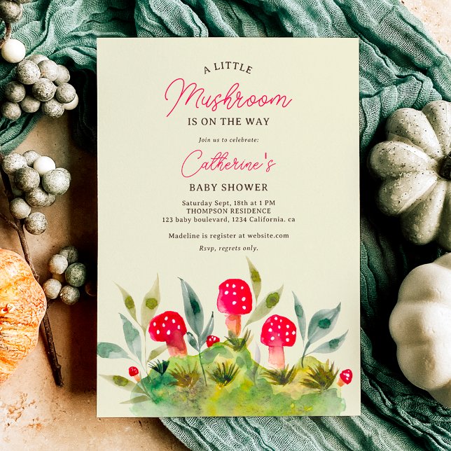 Convite Cair Cura Cura Cura Pequena chá de fraldas de cogu (Cute fall hand painted watercolor little mushroom baby shower invitation)