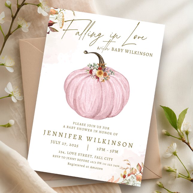 Convite Cair no Amor, Chá de fraldas Rosa-Pumpkin (Fall in Love Pink Pumpkin Girl Baby Shower Invitation)