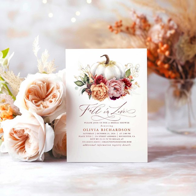 Convite Cair no Chá de panela do Amor (Fall in Love Bridal Shower Invitations with the White Pumpkin and Vibrant Flowers)