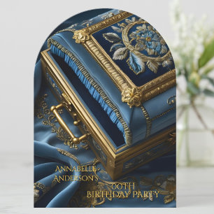 Convite Caixa de Joias Azul Dourado Vintage de Aniversário