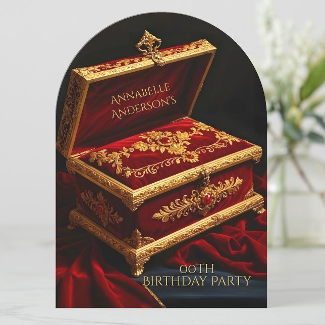 Convite Caixa de Joias Vermelhas Douradas da festa de aniv (Criador carregado)