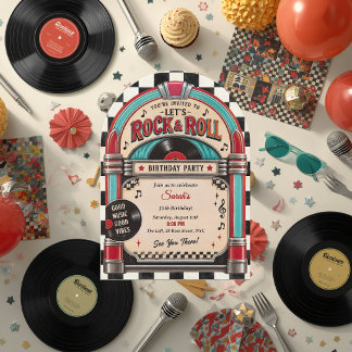 Convite Caixa de Som de Rock e Roll Retrô Aniversário em V