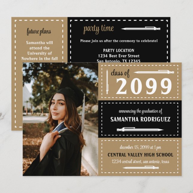 Convite Caixas e Lápis Pontilhados Preto e Dourado Formatu (Frente/Verso)