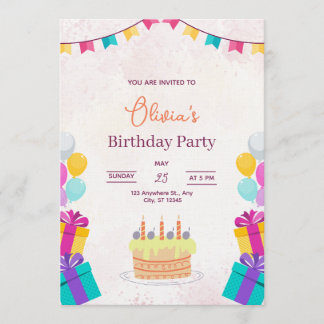 Convite Cake & Balloons Birthday Invitation, Kids Birthday