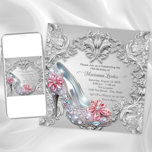 Convite Calçado de alto salto Jewel Quinceañera Festa de a (Jewel shoe birthday and any occasion invitation. Instant download and Printed invitations available.)